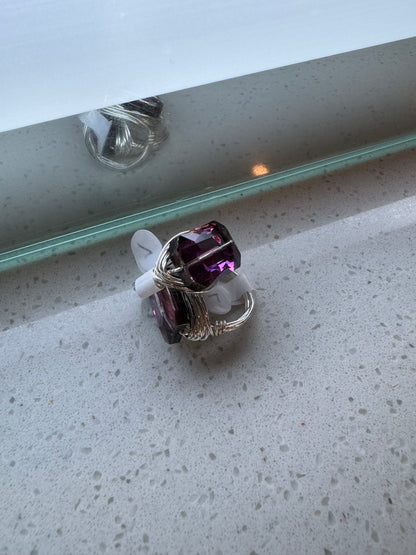 Purple Crystal & Silver Wire Wrapped Ring