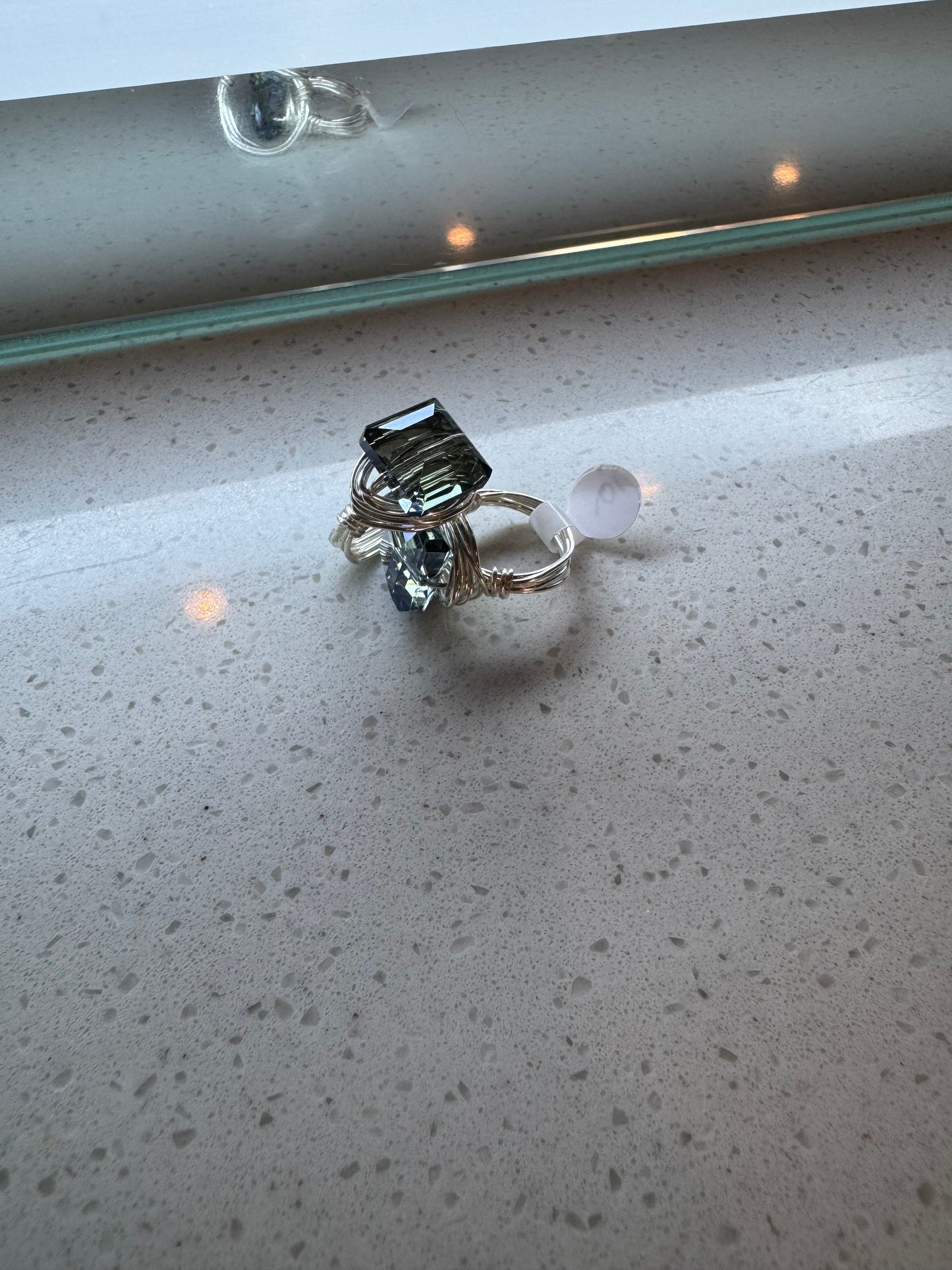 Teal Blue Crystal & Silver Wire Wrapped Ring