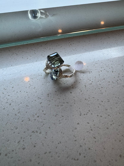 Teal Blue Crystal & Silver Wire Wrapped Ring