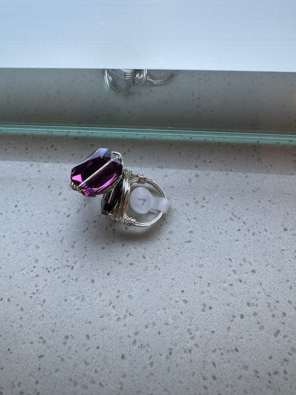 Purple Crystal & Silver Wire Wrapped Ring