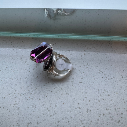 Purple Crystal & Silver Wire Wrapped Ring