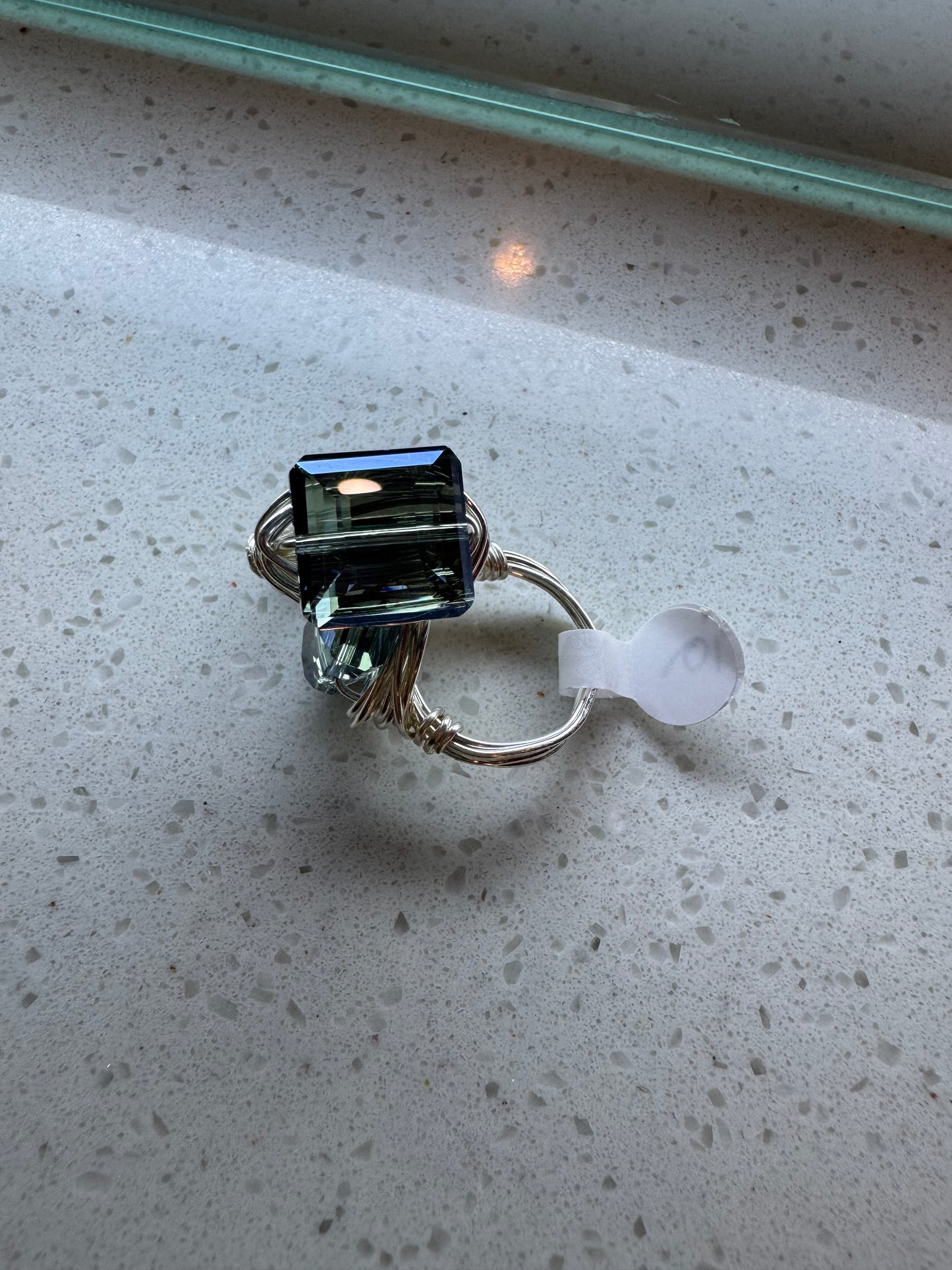 Teal Blue Crystal & Silver Wire Wrapped Ring