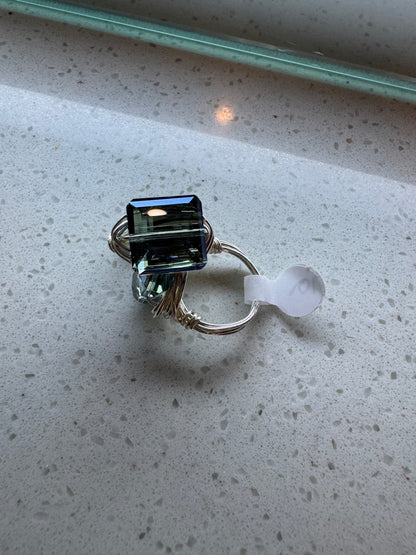 Teal Blue Crystal & Silver Wire Wrapped Ring