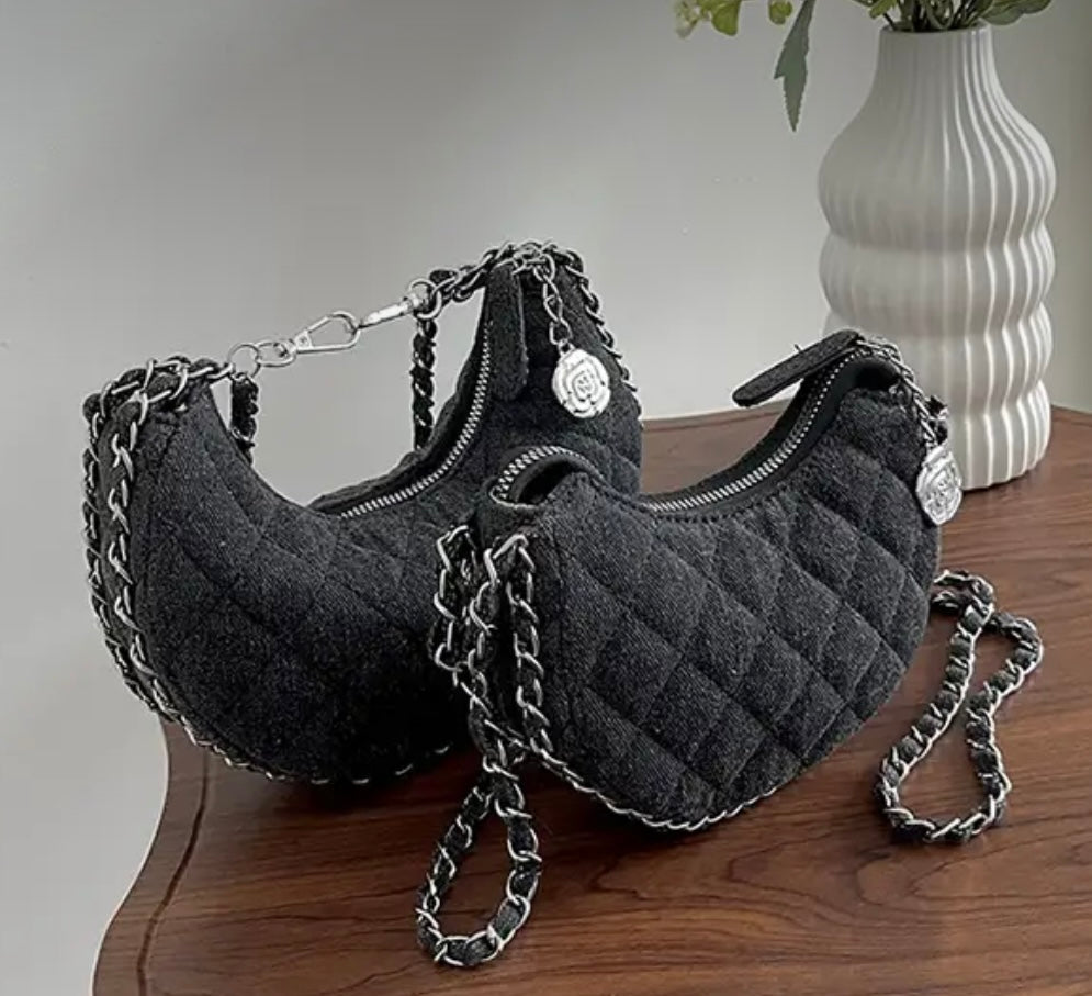 New! Black Denim & Chain Crossbody Bag