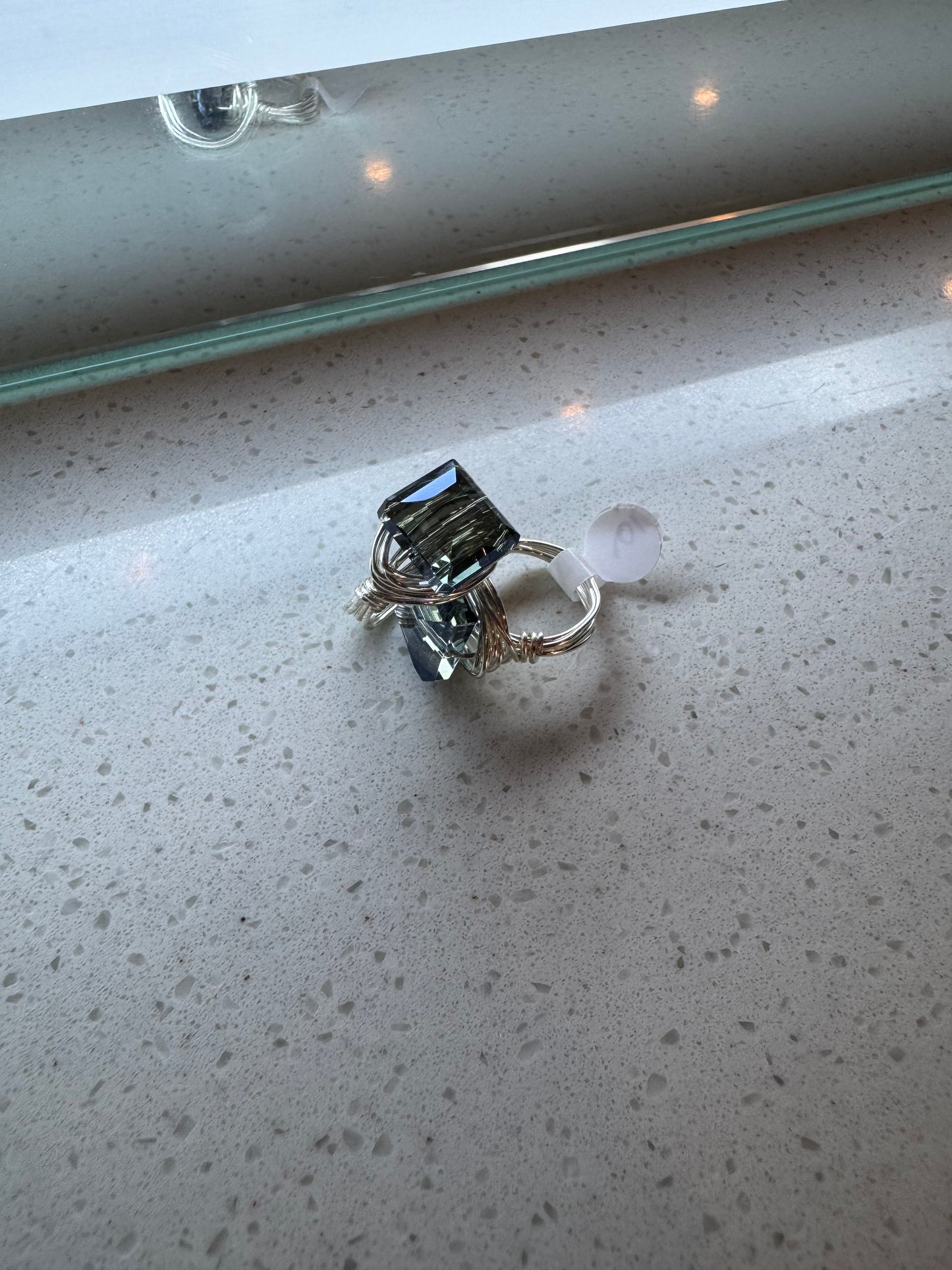 Teal Blue Crystal & Silver Wire Wrapped Ring