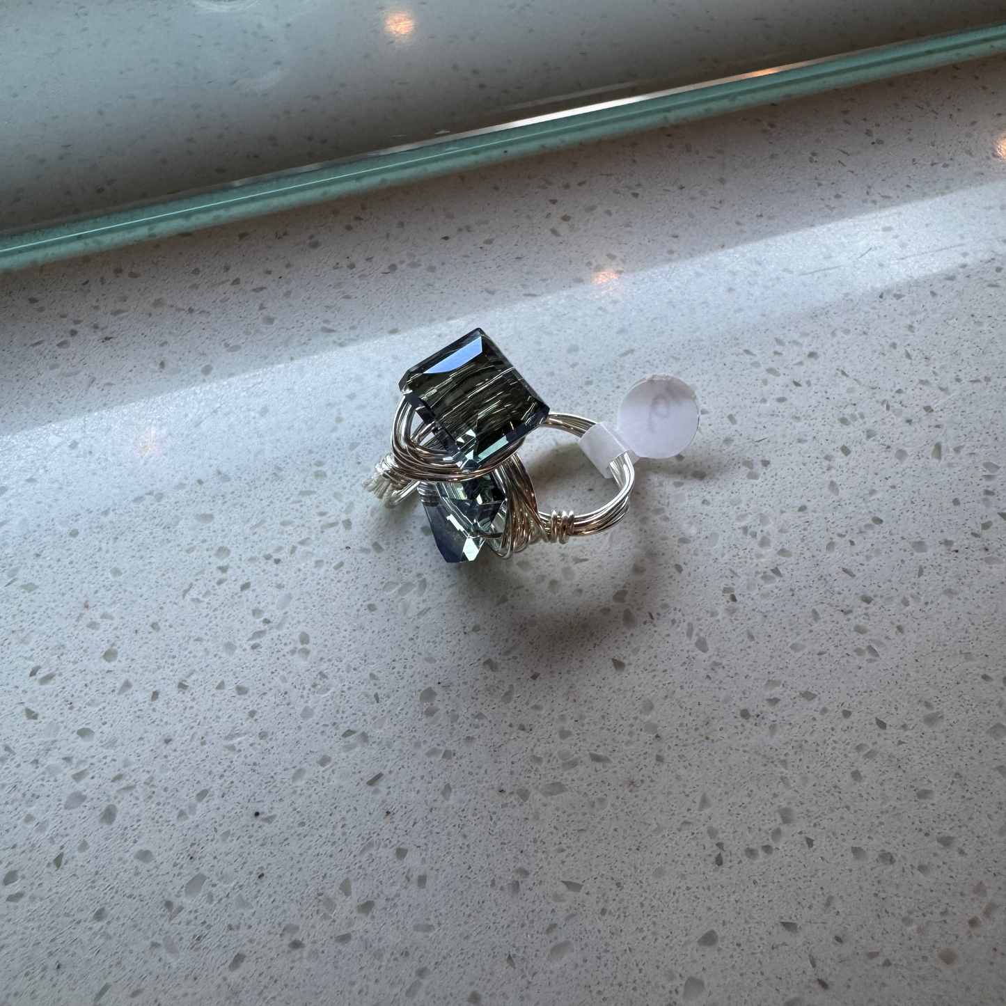 Teal Blue Crystal & Silver Wire Wrapped Ring